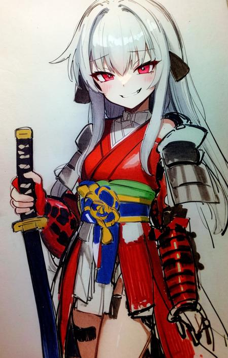 41580-321198618-sketch, traditional media, (samurai armor), armored skirt, holding katana, clara [honkai star rail], 1girl, smirking expression,.png